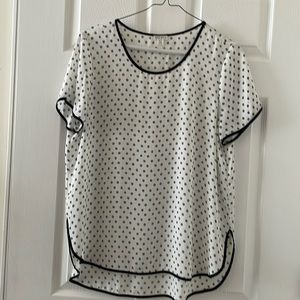 Sheer Rayon Pullover Blouse White with Black&White Polka Dots Black Trim